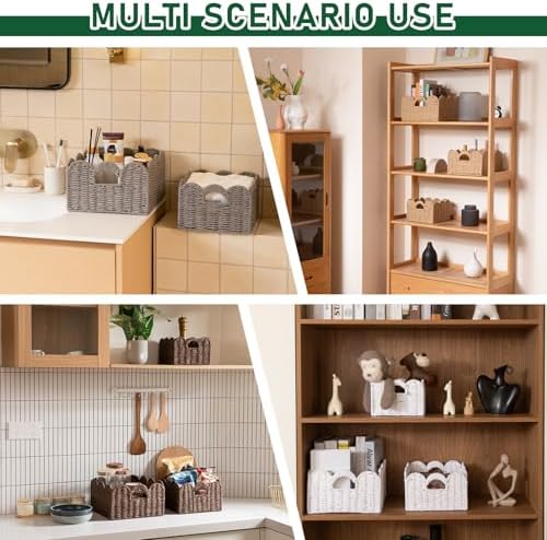 OIAHOMY Scalloped Wicker Baskets, Hand-woven Storage Baskets with Built-in Handles, Paper Rope Shelf Baskets for Organizing and Decoration, Set of 3-Brown - Image 2