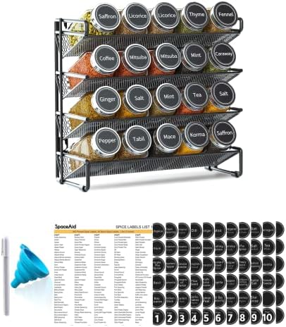 SpaceAid Spice Rack Organizer with 20 Spice Jars, 386 Spice Labels, Chalk Marker and Funnel Set for Cabinet, Countertop, Pantry, Cupboard or Door & Wall Mount - 20 Jars, 9.8" W × 10.8“H, Black by SpaceAid