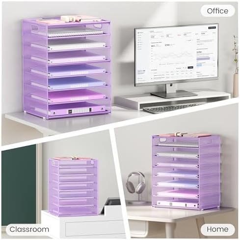 Lavatino 8-Tier Office Desk File Organizer, Letter Tray Paper Organizer with Handle, Including 5 Adjustable Slide Trays for Organizing Desktop Workspace Accessories and Supplies (Purple Metal Mesh) - Image 7