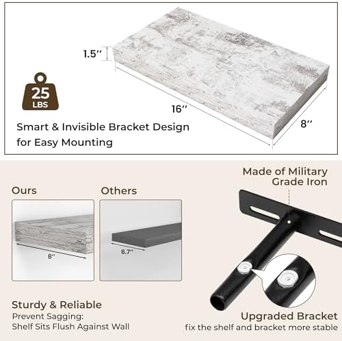 RICHFOCUS Bathroom Floating Shelves for Wall 2Pack|Rustic White|16" L - Image 3