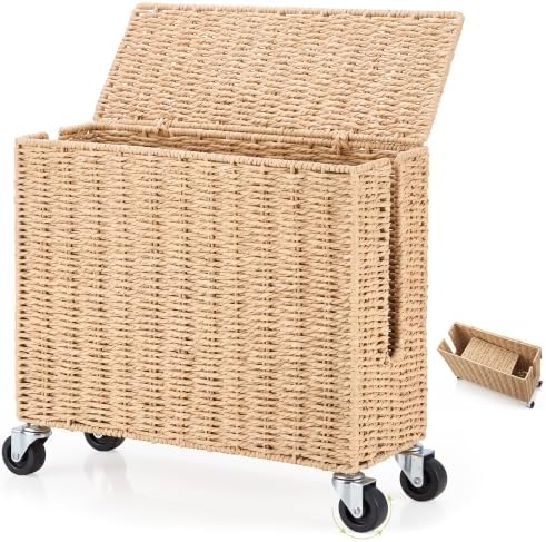 Briwooody Extra Large Rattan Cable Management Box with Caster Wheels, Brown by Briwooody