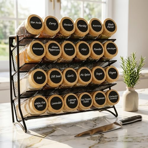 DIDITIME Spice Rack Organizer with 24 Glass Jars and 60 Labels, 4-Tier Seasoning Organizer for Cabinet, Countertop, Pantry or Wall Mount, Rust-Resistant Carbon Steel Spice Jar Set with Marker - Image 3