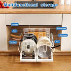 Mustorn Pots and Pans Organizer Under Cabinet, 21.6" Deep Pull Out Pot Lid Organizer Holder with Guardrail Adhesive Pot and Pan Holder Rack with 10 Adjustable Dividers-1 Pack(White) - Image 2