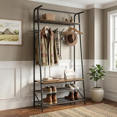31.5" Retro Brown Hall Tree with Bench and Shoe Storage, Single Row Hooks Coat Rack Freestanding Organizer, Heavy Duty Coat Rack with Shoe Storage, Coat and Shoe Rack Entryway Mudroom Foyer - Image 2