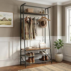 31.5" Retro Brown Hall Tree with Bench and Shoe Storage, Single Row Hooks Coat Rack Freestanding Organizer, Heavy Duty Coat Rack with Shoe Storage, Coat and Shoe Rack Entryway Mudroom Foyer - Image 2