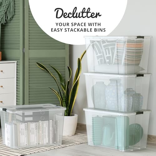 Lifetime Appliance Parts 4 PACK 97 Qt. Plastic Storage Bin Tote Organizing Container with Ultra Durable Lid & Secure Latching Buckles Stackable Extra Strength Clear w/Black Handle - Image 5