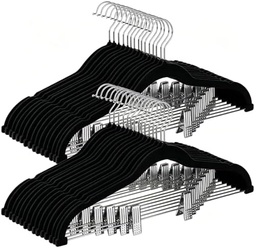 KISEER 30 Pack 16 Inch Velvet Clothes Hangers with Adjustable Clips, Heavy Duty Non Slip Space Saving Pants Skirt Hangers for Closet, Suit, Coat, Shorts, Dress (Black) by KISEER