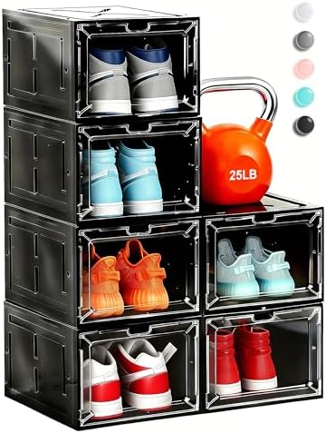 6 Pack Stackable Clear Shoe Boxes with Black Frame, Large Plastic Shoe Organizer Storage Bins for Sneakers & Boots, Magnetic Front Door, Space Saving Closet Shoe Case by Fraphil