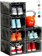 6 Pack Stackable Clear Shoe Boxes with Black Frame, Large Plastic Shoe Organizer Storage Bins for Sneakers & Boots, Magnetic Front Door, Space Saving Closet Shoe Case by Fraphil