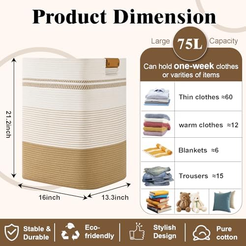 Laundry Hamper, 75L Tall Laundry Basket with Leather Handles, Rectangle Large Clothes Hamper for Organizing, Cotton Woven Laundry Baskets Storage Hampers for Bedroom, Nursery, Living Room - Image 3