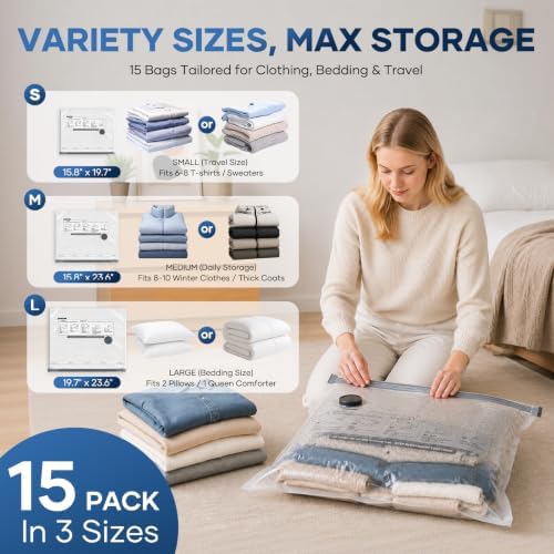 15 Pack Vacuum Storage Bags for Travel with Digital Display Electric Pump, 80% Space-Saving Reusable Vacuum Seal Bags for Clothing, Luggage, Suitcases, Bedding, Blankets and Home Storage - Image 4
