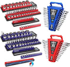 8-Piece Magnetic Socket and Wrench Organizer Set, Metric & SAE, 1/4", 3/8", 1/2"Drive Detachable Socket Storage Tray, 24-Slot Wrench Holder with Non-Slip Handle & Lock Cover for Toolbox Drawer Storage by SEDY