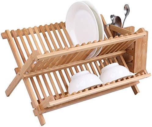 Lawei Bamboo Dish Drying Rack with Utensil Holder - Collapsible Dish Drainer Foldable Dish Rack Bamboo Plate Rack for Plates, Cups, Mugs, Utensil, Flatwares - Image 2