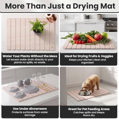 Large Stone Dish Drying Mat For Kitchen Counter | Non-Slip, Super Absorbent Diatomaceous Dish Dry Matt | Rollable Stone Drying Mat For Kitchen Counter, Heat-Resistant, Travertine Beige Color - Image 5