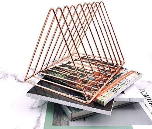 EASEPRES 9 Slot Magazine Rack Book Record Holder, Desktop Iron Storage Rack Bookshelf Multifunction Triangle File Organizer Sorter for Decor Home Office, Rose Gold Pack of 2 - Image 3