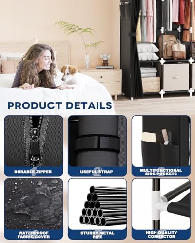 Mavivegue Clothes Organizer with 4 Hanging Rods, Portable Closet Wardrobe, Non-Woven Fabric Cover, Large Capacity Storage for Bedroom and Living Room,Black, 67" W x 17" D x 67" H - Image 3