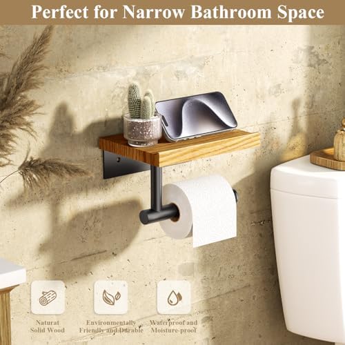 Tindbea Toilet Paper Holder with Wood Shelf, Wooden Wall Mount Tissue Roll Holder, Matte Black Stainless Steel Bathroom Accessories Decor for Household Home Apartment Restroom Essential (Red Oak) - Image 2