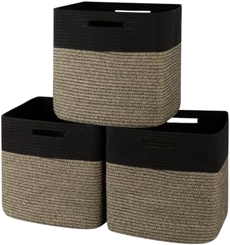 OIAHOMY 13 Inch Cube Storage Bins, 3-Pack Cotton Rope Woven Baskets for Organizing, Insert Storage Baskets for Shelves, Baby Nursery, Closet Organizer, 13 * 13 * 12.6IN, Black & Mixed Brown by MasterofSpaceOptimization