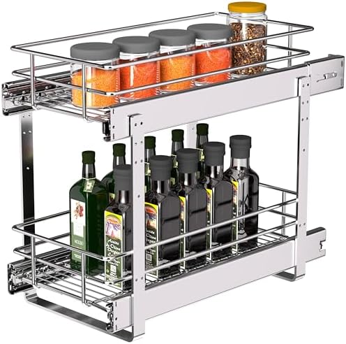 JOWBOOW 2-Tier Narrow Cabinet Pull Out Shelves, 8" W x 22" D, Chrome by JOWBOOW