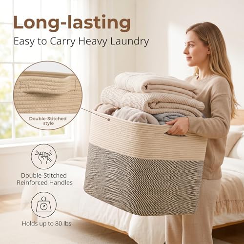 OIASKET 108L Cotton Rope Storage Basket for Living Room and Bedroom 25"x16"x16" Woven Laundry Basket, Heavy Duty Bin for Blankets, Pillows & Toys, Pet-Safe & Scratch-Free, Brown and Black - Image 7