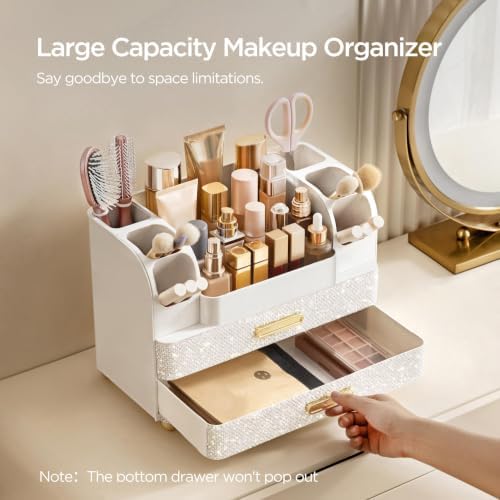 HBlife Makeup Organizer for Vanity with Brush Holder, Large Bathroom Countertop Cosmetic Organizer Skin Care Storage, Easy to Store Nail Polishes, Perfumes, Eyeshadow Palettes, Pearl All White - Image 4