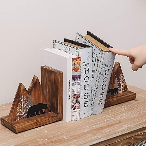 NIKKY HOME Heavy Duty Non Slip Rustic Woodland Mountain Wood Bookend Cute Bear Book Ends Book Stoppers for Cabin Decor Home and Office Shelves Children - Image 2