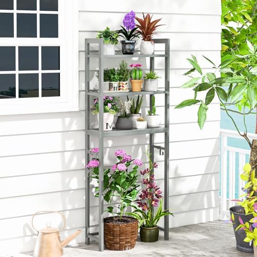 GIANTEX Over The Toilet Storage Shelf, 3-Tier Freestanding Space Saver Above Toilet Shelves with 3 Hooks & Adjustable Bottom Bar, Over Toilet Bathroom Organizer for Restroom, Laundry (Gray) - Image 4