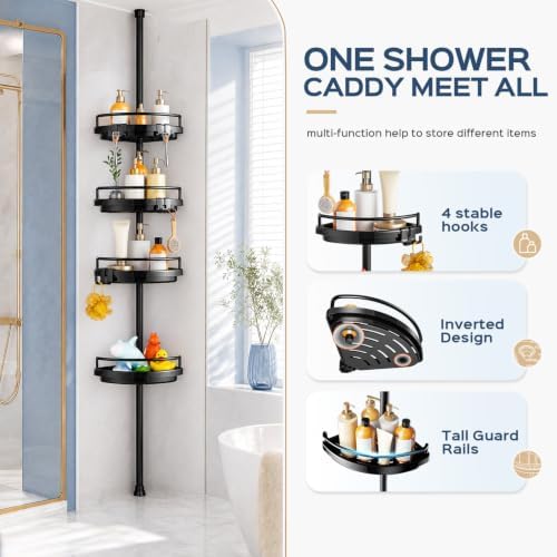 HAMITOR Corner Shower Caddy Tension Pole: Adjustable Stainless Steel Shower Organizer 4 Tier Shelf for Bathroom Bathtub Shampoo - Floor Standing Rack Bath Storage Holder with Rust Proof Rods- Black - Image 7