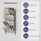 SWTYMIKI Over the Door Shoe Organizer - Adjustable 4 Tier Hanging Shoe Rack Organizer, Metal Heavy Duty Behind Door Storage or Wall Mount Shoes Shelf for Flats, Heels, Sneakers, Boots Black - Image 5