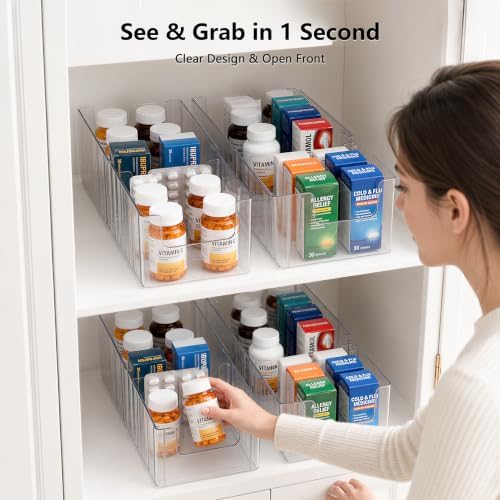 Expandable Medicine Cabinet Organizer 4 Pack, 5 Compartments Adjustable Clear Medicine Storage Box Bin with Removable Dividers, Vitamin Bottle Medication Organizer for Countertop Bathroom - Image 3