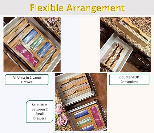 Incredinest Bamboo Drawer Organizer Bag Holder – Modular Design Zip Lock Bag Organizer Plastic Wrap Dispenser with Cutter – Baggie Organizer for Drawer with Single and Double Wrap Dispenser - Image 6
