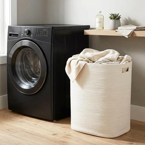 MEGASKET Large Laundry Hamper 16"x13"x22" - Tall Woven Laundry Basket, Cotton Rope Dirty Clothes Hamper, Baby Kids Nursery Wicker Laundry Basket, Bedroom Aesthetic, Soft Laundry Bin, White Hamper, 75L - Image 4