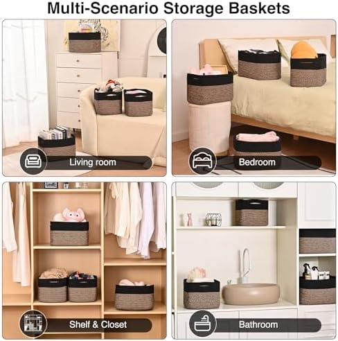 ICERZCZ Storage Baskets for Shelves Organizing, Woven Cotton Rope Baskets for Storage, Book Basket, Decorative Shelf Basket, 12.5"Lx9.1''Wx7.9''H (4 Packs) Black & Jute - Image 5
