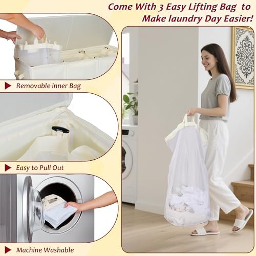 220L Laundry Hamper 3 Section,Large Laundry Hamper with Lid,Dirty Clothes Hamper with 3 Inner Bags,Collapsible Laundry Basket Organizer for Laundry Room,Bedroom,Laundry Sorter Hamper 3 Compartment - Image 5