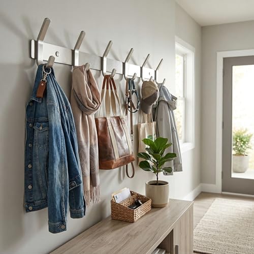 Coat Rack Wall Mount – Brushed Nickel 17 Inch Stainless Steel Hook Rail with 6 Heavy Duty Double Coat Hooks – Wall Mounted Coat Hanger for Entryway, Bathroom, Bedroom, Towel, Hat Organizer - 2 Pack - Image 5