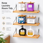 Laundry Room Organization Set, 3pack Wall Mounted Bamboo Floating Shelves with 4 Clear Laundry Pod Containers and 2 Soap Dispensers, No Drill Bathroom & Laundry Room Storage Organizer - Image 2