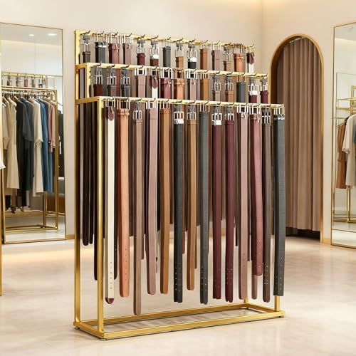 Floor Mounted Belt Hanger, Stepped Belt Display Rack with Hanging Rods and Hooks, 21 Hooks, Lengthened and Bolded, Capacity for Ties, Scarves, Accessories(Gold) by Unknown