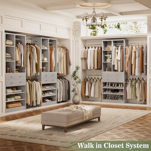 Besiost Closet System, Up to 134"/11.2 FT Closet Organizer with 4 Wooden Drawers and Shelves, Walk-in Closet System with 6 Hanging Rods, Built-in Closet Can Fit 96"/8FT, 120"/10FT, Morandi Grey Set 2 - Image 7