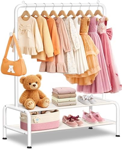 Kids Clothing Rack - Dress Up Clothes Rack - Baby Toddler Closet - Mini Freestanding Coat Racks with 2 Fabric Shelves - Small Kids Costume Wardrobe - Garment Rack for Hanging Clothes Organizer by MirolamUS