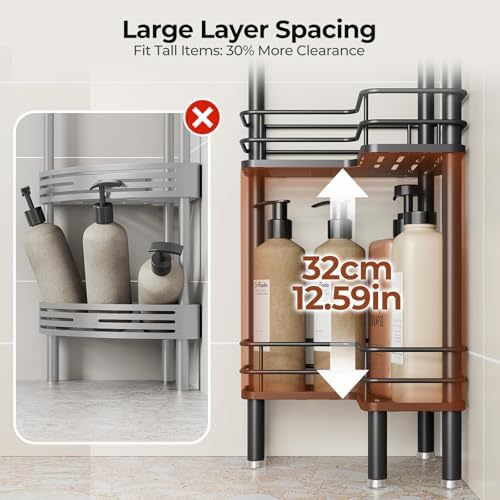 Orimade Rustproof 3 Tier Floor Standing Corner Shower Caddy Organizer with Toothbrush Holder, Large Spacing Floor Shower Shelf Rack Storage Stands with Hooks for Bathroom Kitchen, Black - Image 6
