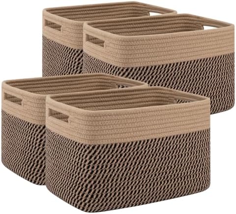 4 Pack Storage Baskets for Organizing, Woven Baskets for Shelves - Perfect for Toys, Books, Towels, and Clothes, Durable Gift Basket Bins Toy Storage, 12.7''L x9''W x7.8''H, Black and Brown by SIXDOVE