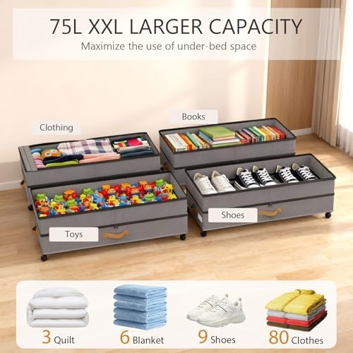 Under Bed Storage with Wheels 2-Pack, 75L XXL Under the Bed Storage Containers Large, 12" Tall Adjustable Storage for Underbed with Lids, Rolling for Clothes, Shoes, Blankets (4PCS-Grey) - Image 3