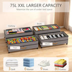 Under Bed Storage with Wheels 2-Pack, 75L XXL Under the Bed Storage Containers Large, 12" Tall Adjustable Storage for Underbed with Lids, Rolling for Clothes, Shoes, Blankets (4PCS-Grey) - Image 3