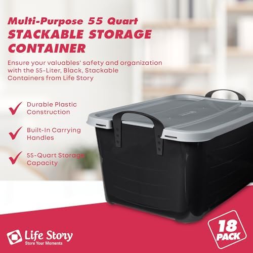 Life Story 18 Pack Heavy Duty Stackable Storage Bin, 55 Qt, Black/Gray - Image 2