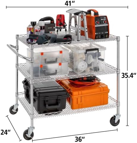 Finnhomy 3 Tier Heavy Duty Commercial Grade Utility Cart, Wire Rolling Cart with Handle Bar, Steel Service Cart with Wheels, Kitchen Carts on Wheels, Metal Cart Shelf Size 24" D x 36" W, NSF, Chrome - Image 3