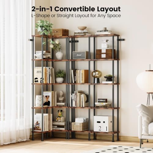 Corner Bookshelf 5-Tier, L-Shaped Bookcase for Small Spaces, Rustic Brown - Image 4