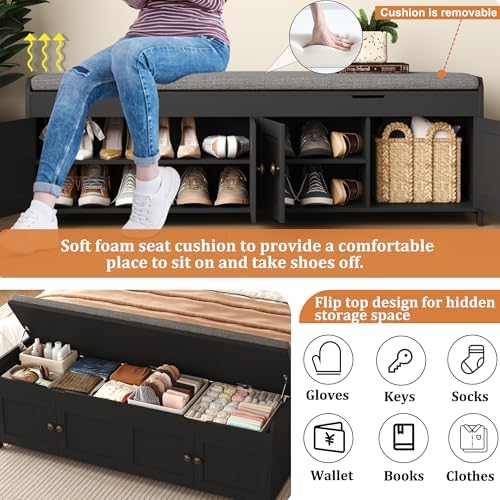 HOMEFORT 54.4" Shoe Bench with Lift Top Storage, Entryway Bench with Cushioned Seat, Wooden End of Bed Bench, Shoe Cabinet Bench with Hidden Storage Space, for Bedroom, Hallway,Black - Image 5