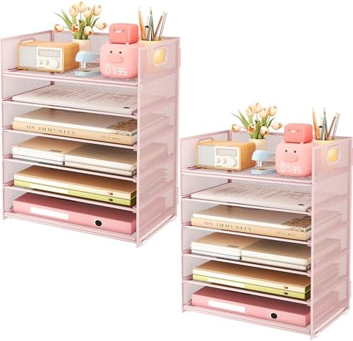 Subekyu 6-Tier Desk Paper Organizer, Desktop File Letter Tray with Handle, Document Sorter and Accessories Holder for Office, Home and School Workspace Organizers, Pink-2 Pack by SUBEKYU