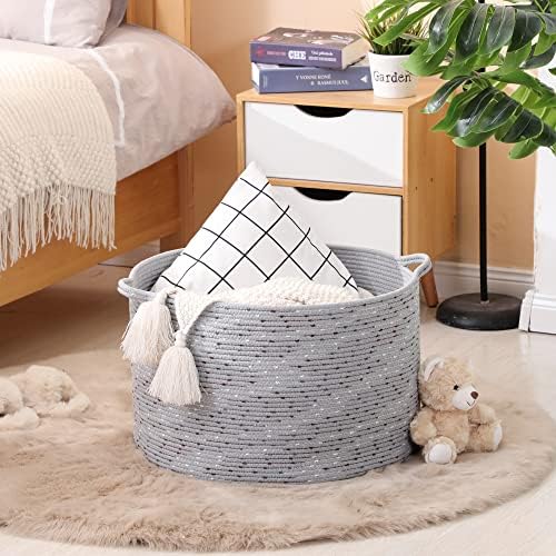 KAKAMAY Large Blanket Basket (20"x13"),Woven Baskets for storage Baby Laundry Hamper, Cotton Rope Blanket Basket for Living Room, Laundry, Nursery, Pillows, Grey with Blue & Brown Dotted - Image 2