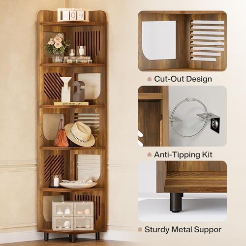 Tribesigns 6-Tier Corner Bookshelf, Tall Narrow Corner Shelf Bookcase with Hollow Design, Farmhouse Skinny Display Shelf for Living Room, Bedroom, Small Space, Yellow - Image 7